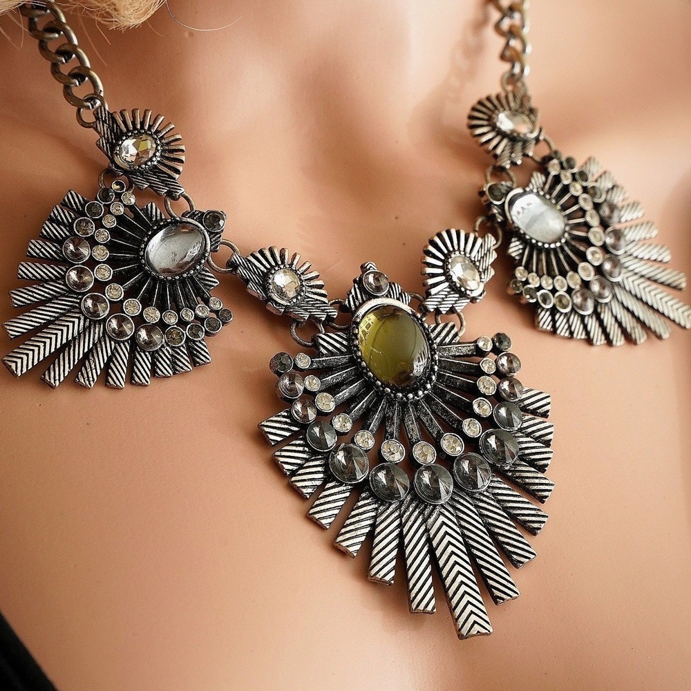 Statement Bib Necklace Antique Silver Fan Sunburst Olive Green Rhinestone Tribal